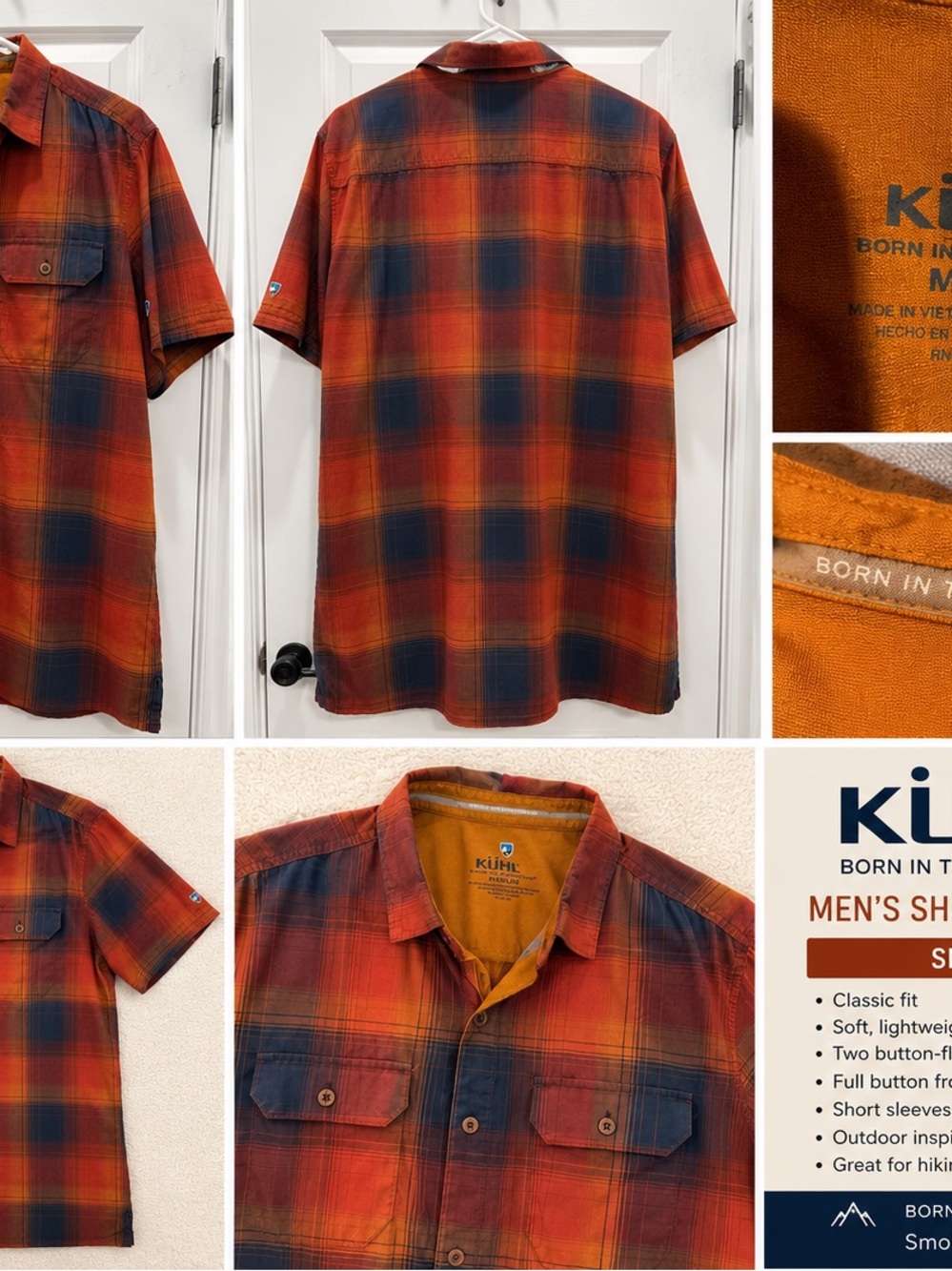 Kuhl Men's Short-Sleeve Plaid Button-Down Shirt - Orange & Navy